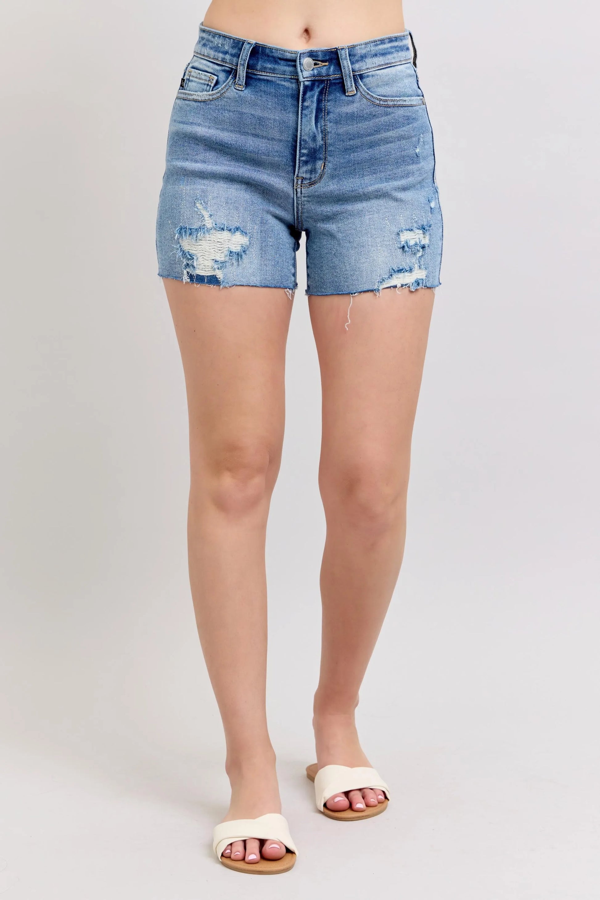 Judy Blue Full Size High Waist Denim Shorts W/stitch Over Destroy Detail Plus Size - Tigbul's Variety Fashion Shop