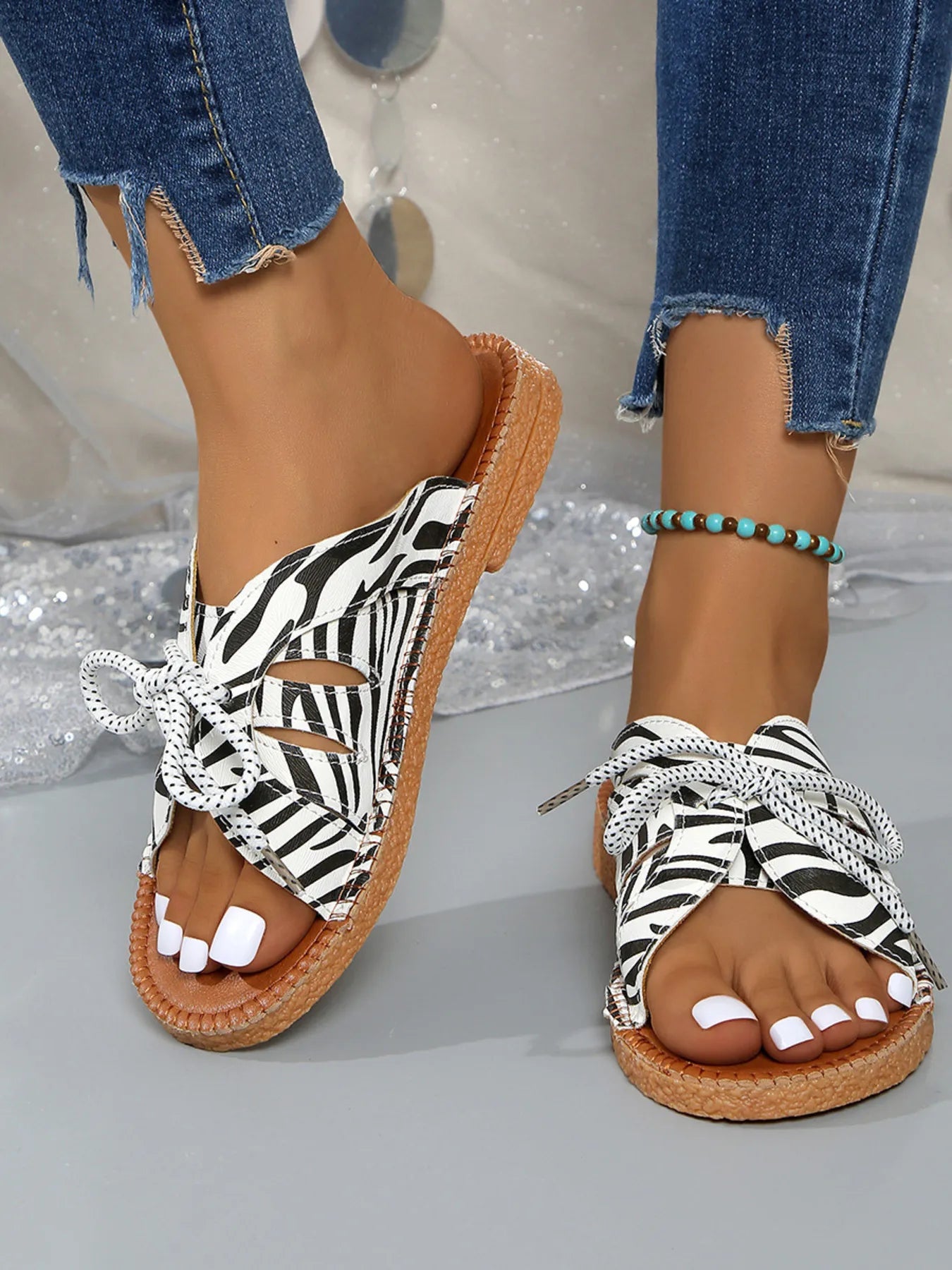 Printed Tied Flat Sandals - Tigbul's Variety Fashion Shop