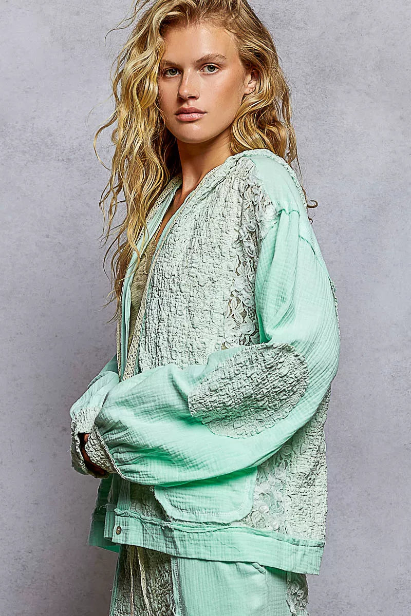 POL Exposed Seam Button Down Hooded Jacket with Lace Detail - Tigbul's Variety Fashion Shop