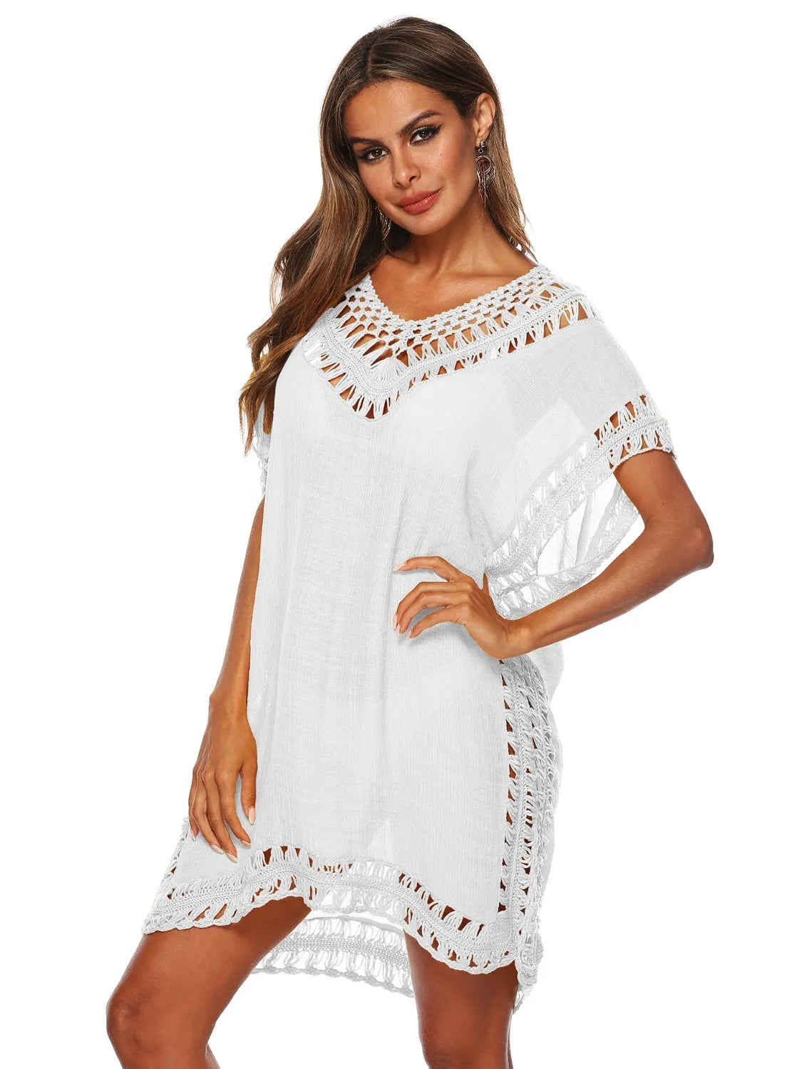 Bohemian Crochet Trim Beach Cover Up Dress - Tigbul's Variety Fashion Shop