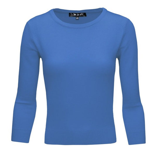 Crewneck 3/4 Sleeve Spandex Pullover Sweater - Tigbul's Variety Fashion Shop