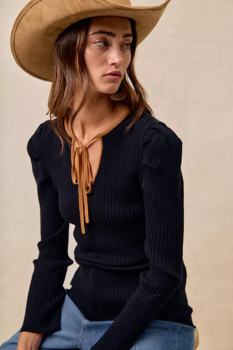 BiBi Ribbed Contrast Front Tied Top with Shrried - Tigbul's Variety Fashion Shop