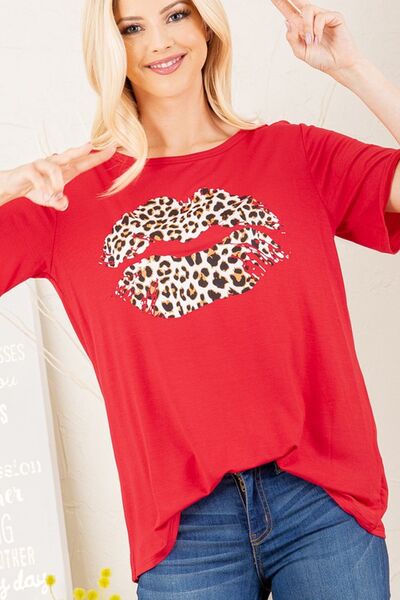 Red Leopard Lip Round Neck Short Sleeve T-Shirt Plus Size - Tigbul's Variety Fashion Shop