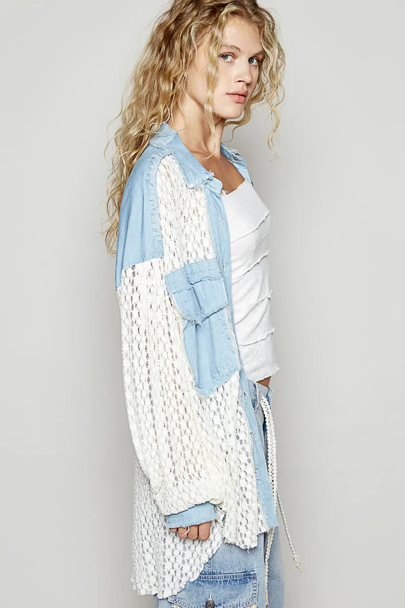 POL High-Low Denim Patchwork Lace Shirt - Tigbul's Variety Fashion Shop