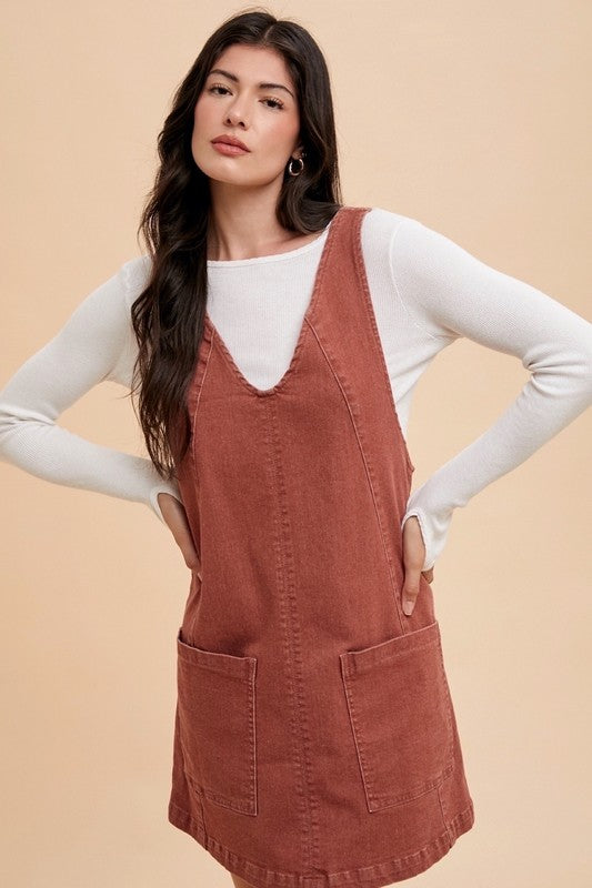 V-Neck Adjustable Strap Denim Overall Dress with Pockets - Tigbul's Variety Fashion Shop
