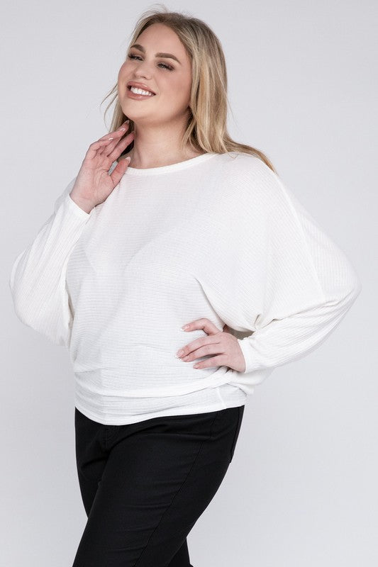 Plus Ribbed Batwing Long Sleeve Boat Neck Sweater - Tigbul's Variety Fashion Shop