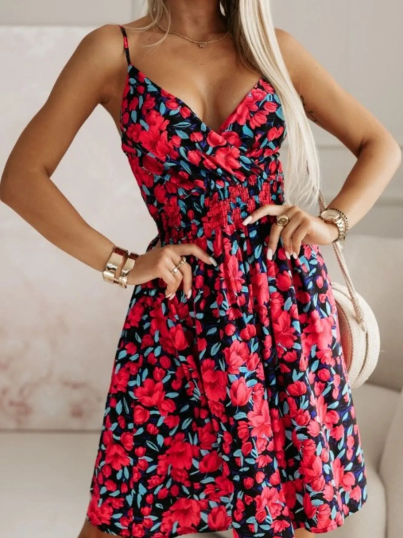Tropical Print Spaghetti Strap Mini Dress - Tigbul's Variety Fashion Shop