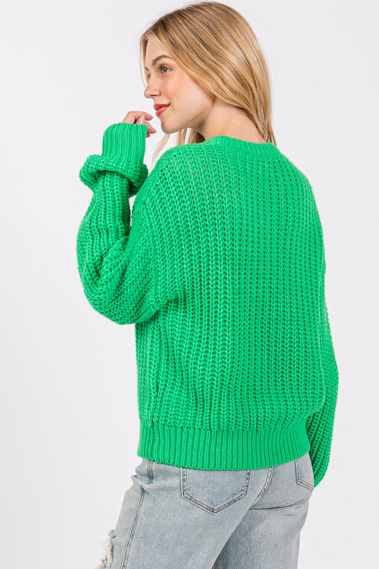 Green Round Neck Drop Shoulder Sweater - Tigbul's Variety Fashion Shop