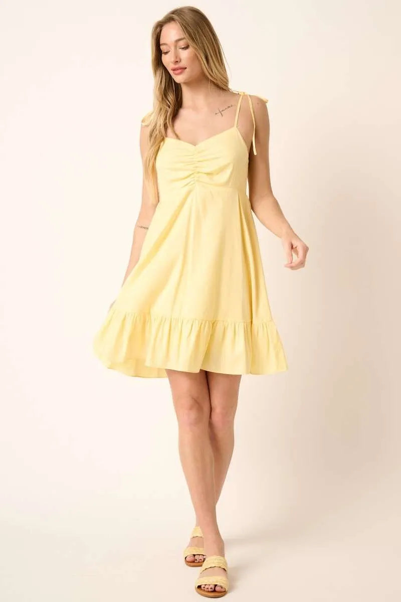 Yellow Ruched Detail Spaghetti Tie Mini Dress - Tigbul's Variety Fashion Shop