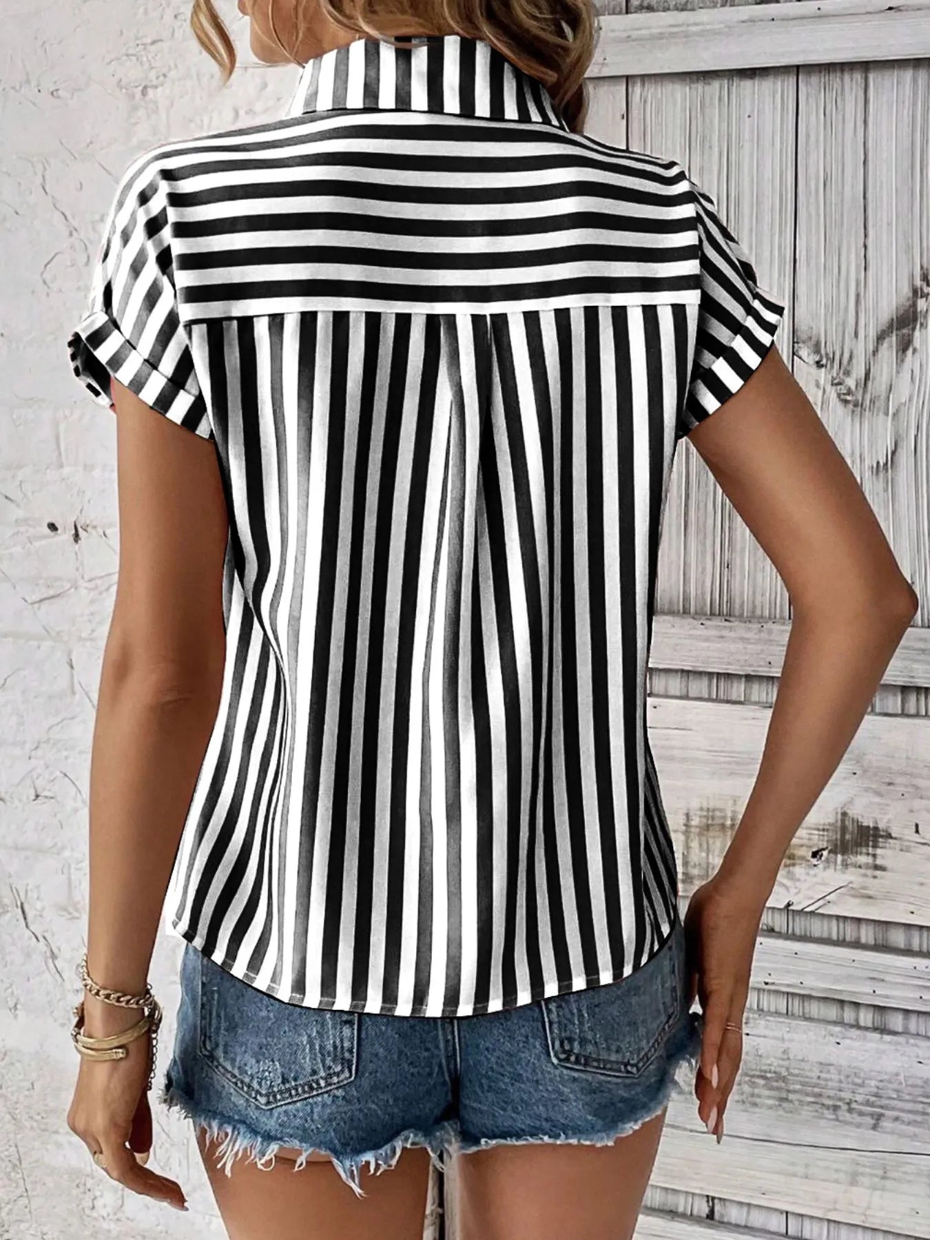 Striped Button-Up Short Sleeve Shirt with Pocket - Tigbul's Variety Fashion Shop
