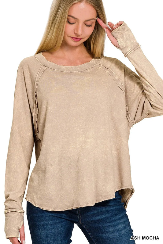 Zenana Crinkle Washed Thumb Hole Cuffs Long Sleeve Top - Tigbul's Variety Fashion Shop