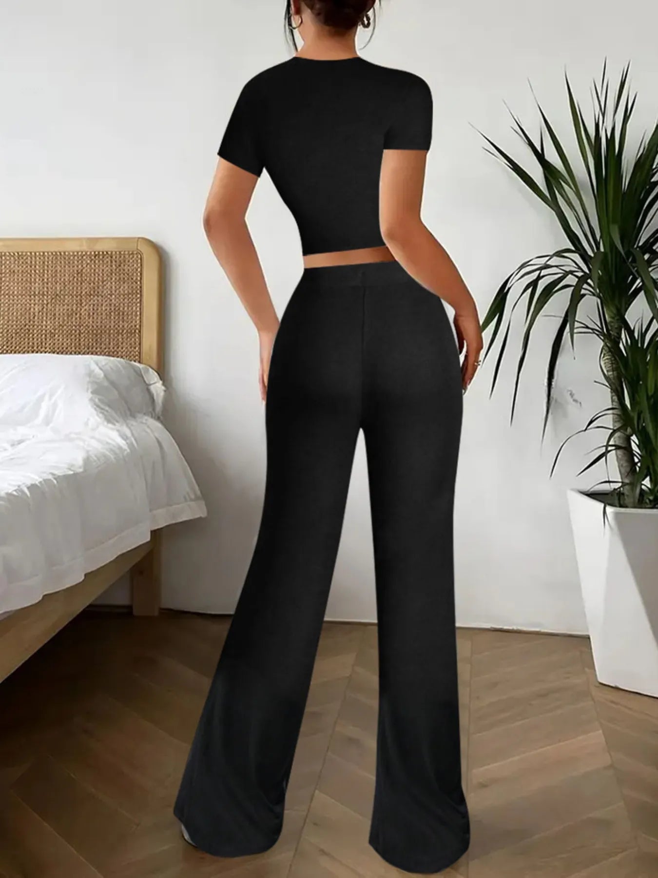 Crop Top and Wide Leg Pants Matching Set - Tigbul's Variety Fashion Shop
