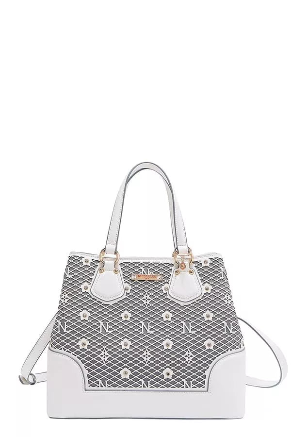 Nicole Lee USA Monogram Pattern Handbag with Rhinestones Decor - Tigbul's Variety Fashion Shop