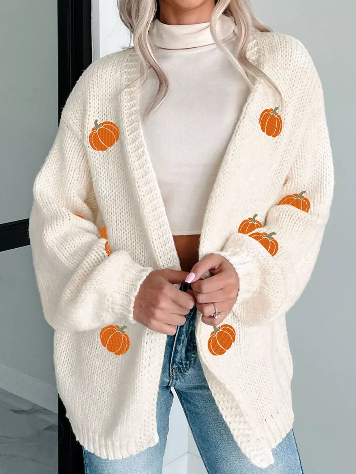 Halloween Pumpkin Embroidered Knit Cardigan - Tigbul's Variety Fashion Shop