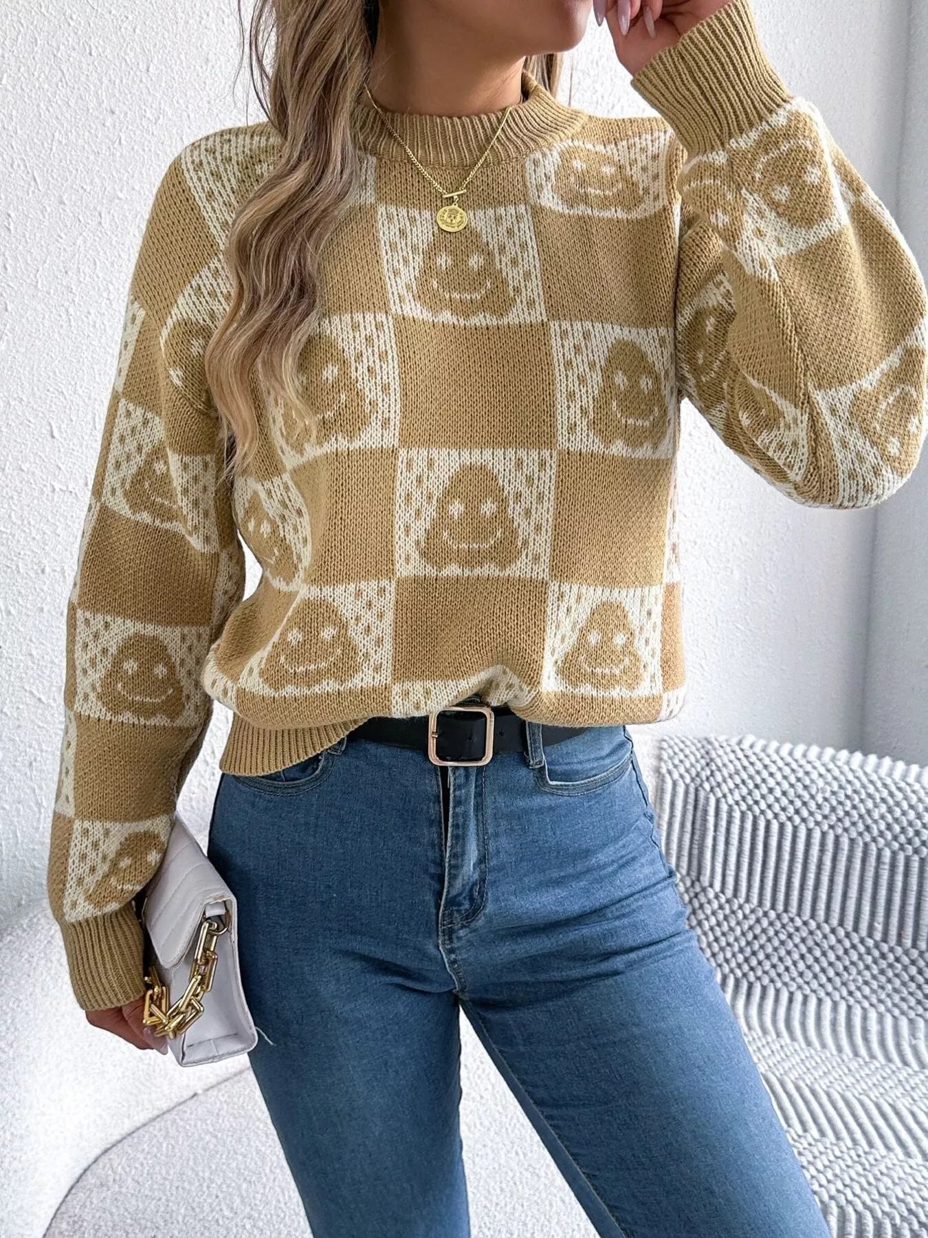 Halloween Ghost Pattern Checkered Round Neck Sweater - Tigbul's Variety Fashion Shop