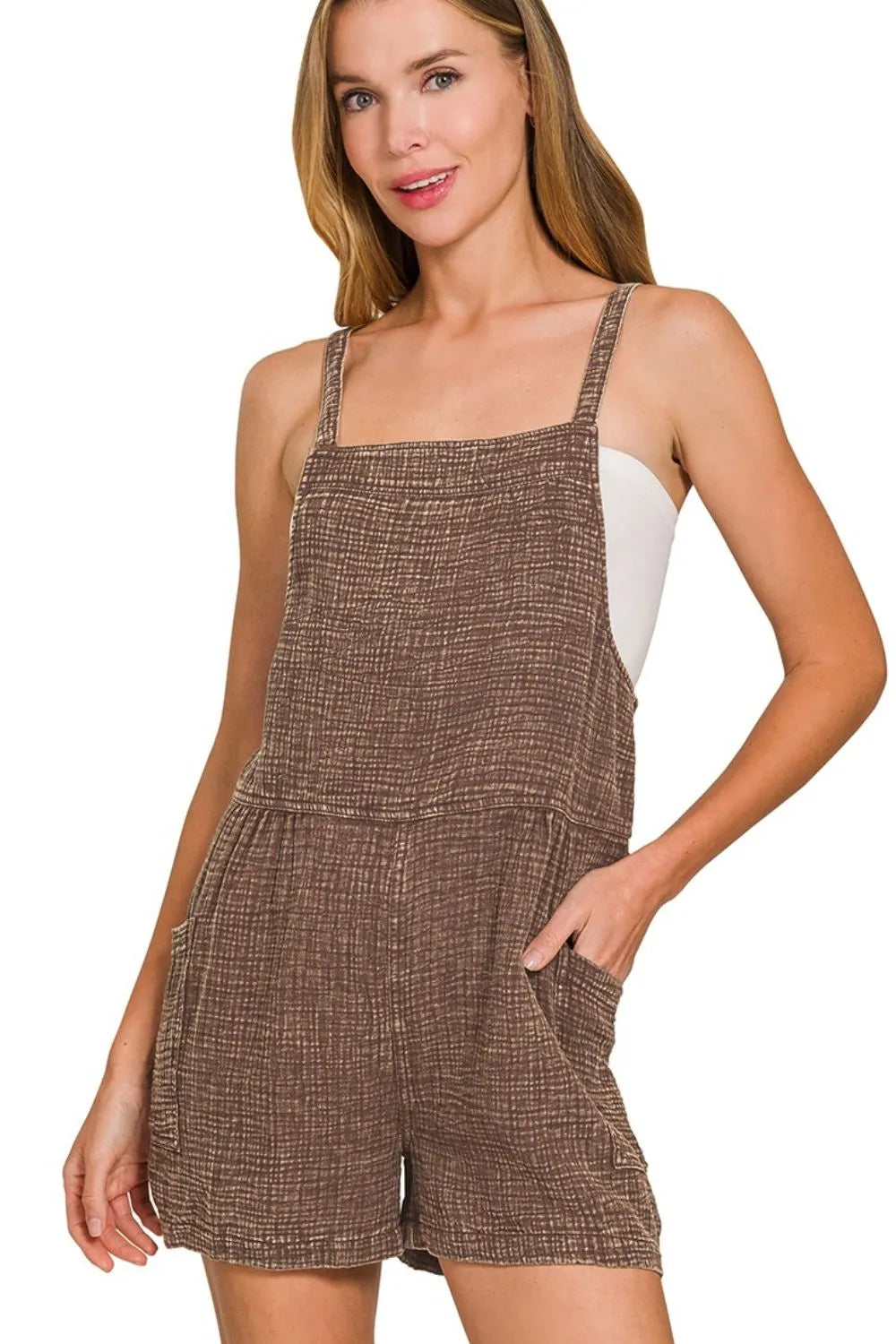 Brown Washed Double Gauze Tie Back Rompers - Tigbul's Variety Fashion Shop