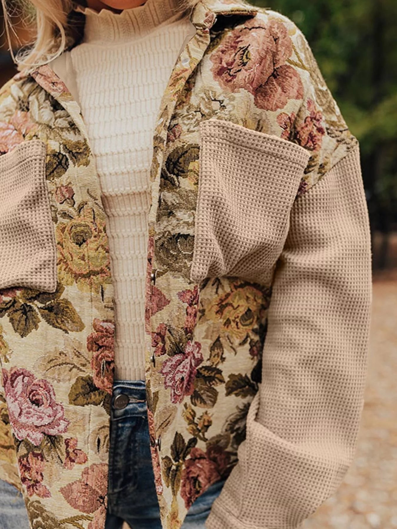 Floral Waffle Knit Patchwork Chest Pockets Buttoned Jacket - Tigbul's Variety Fashion Shop