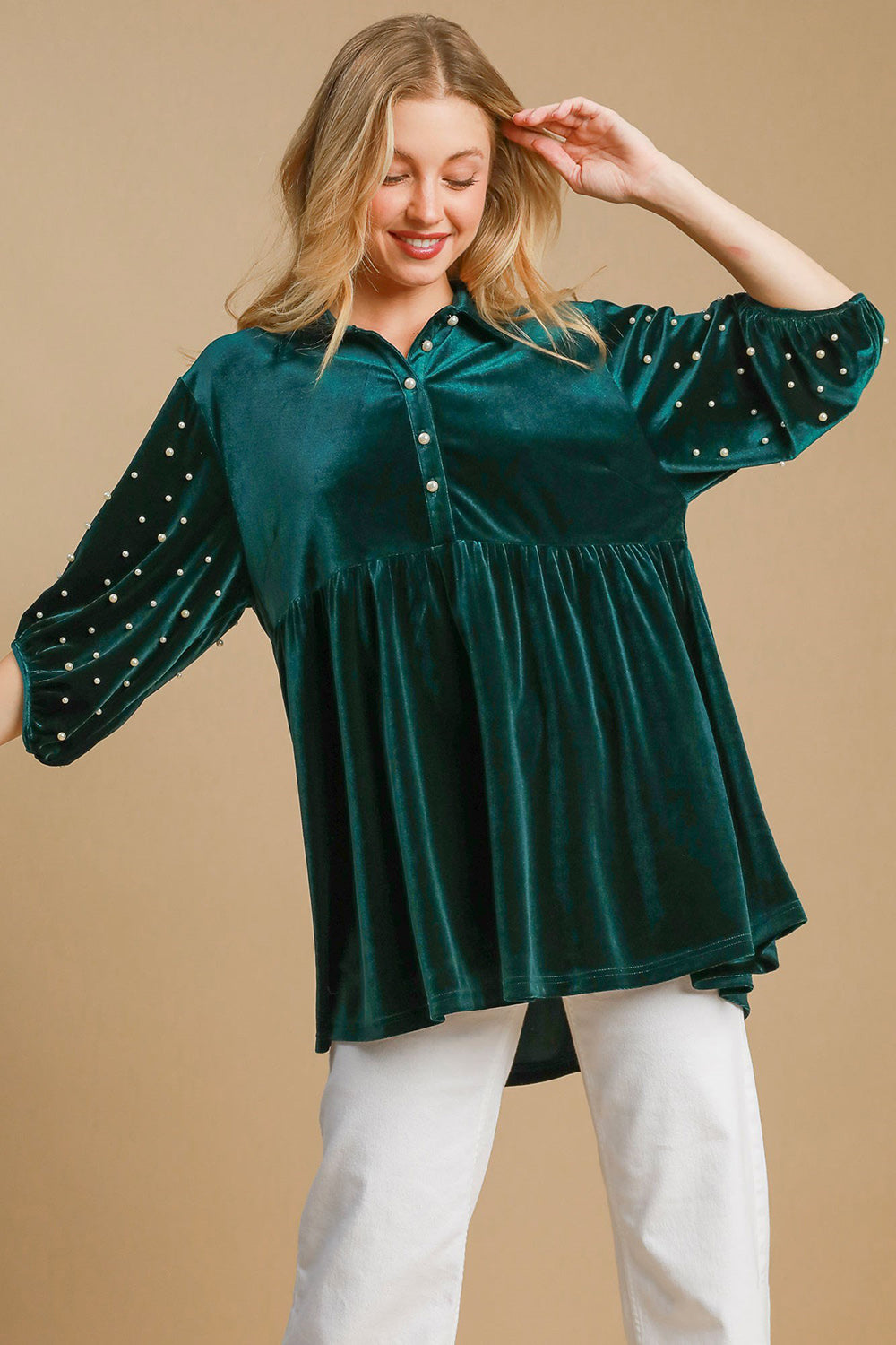 Pearl Detail Half Sleeve Velvet Babydoll Blouse - Tigbul's Variety Fashion Shop