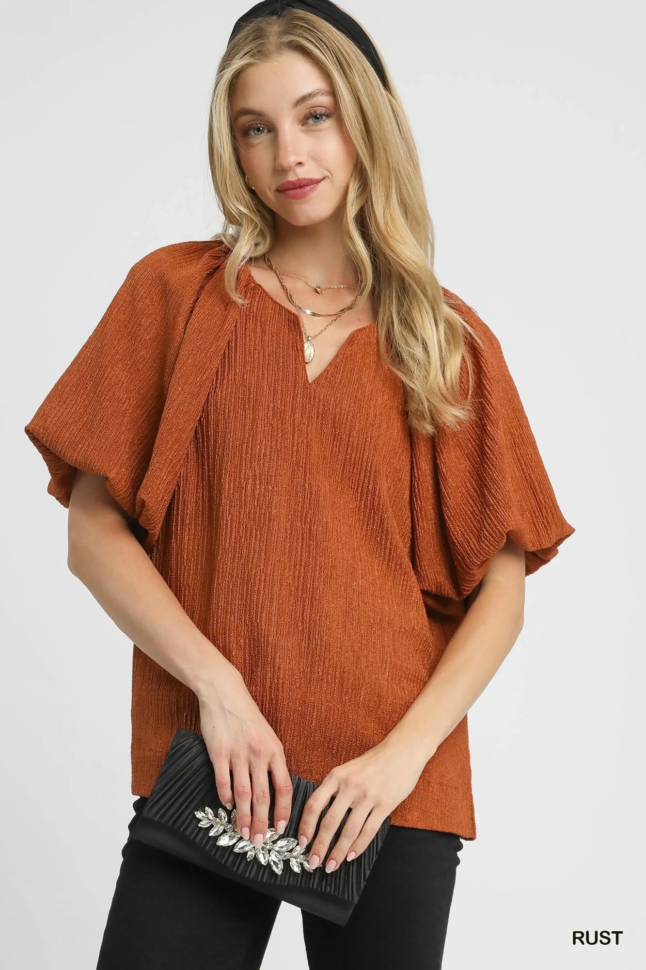 Umgee Textured Flutter Sleeve Notch Neck Top - Tigbul's Variety Fashion Shop