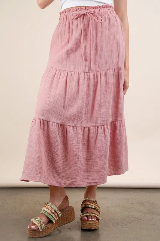 Pink Elastic Waist Tiered Maxi Skirt - Tigbul's Variety Fashion Shop