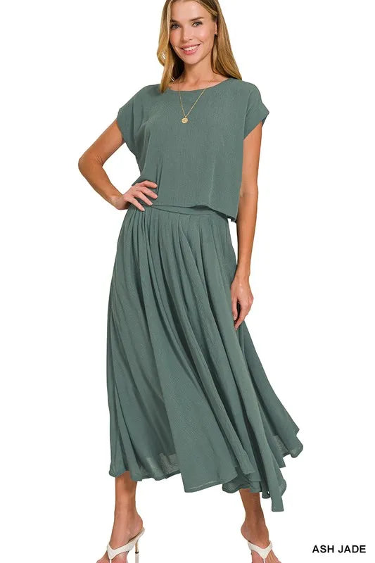 Jade Woven Crinkle Gauze Crop Tee and Skirt Set - Tigbul's Variety Fashion Shop