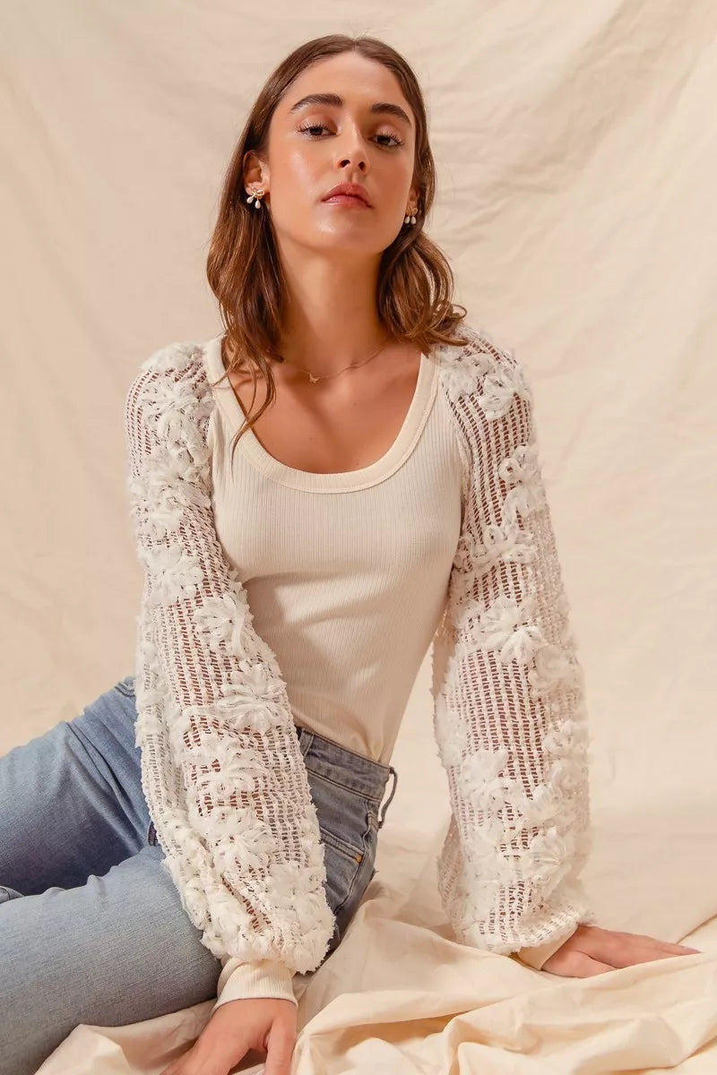SO ME Rib Knit Top with Lace Balloon Sleeves - Tigbul's Variety Fashion Shop