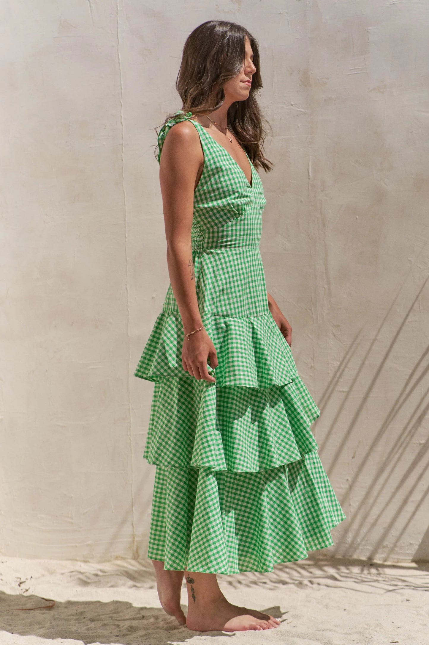 Sleeveless Gingham Print Tiered Green Midi Dress - Tigbul's Variety Fashion Shop
