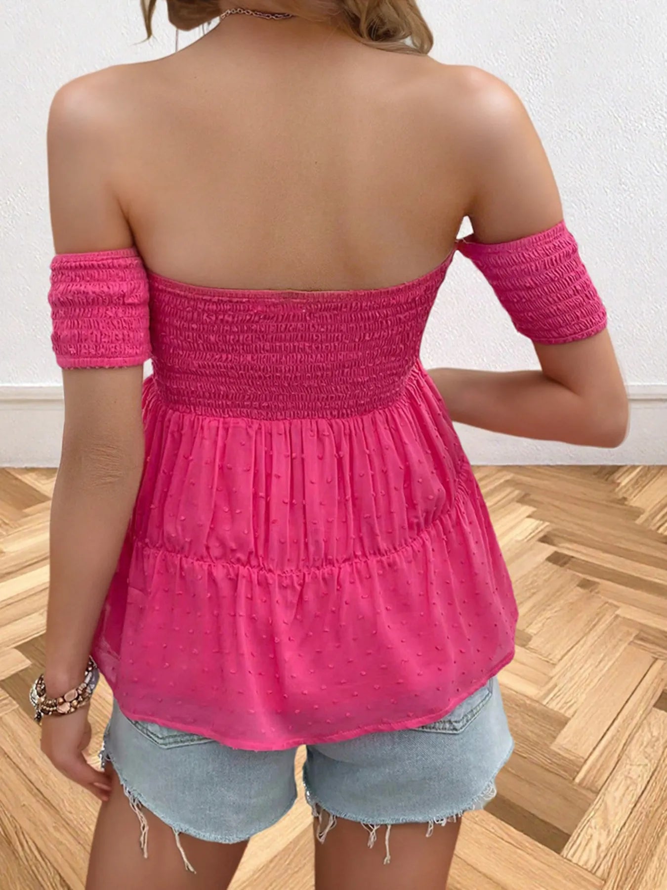 Off-Shoulder Smocked Bow-Tie Blouse - Tigbul's Variety Fashion Shop
