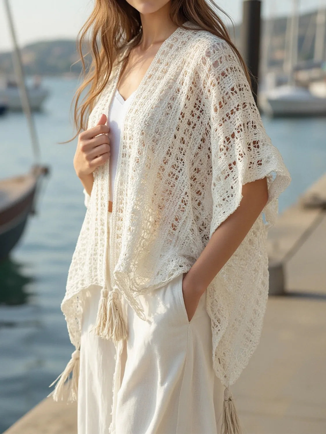 Openwork Tassel Open Front Knit Cover Up - Tigbul's Variety Fashion Shop