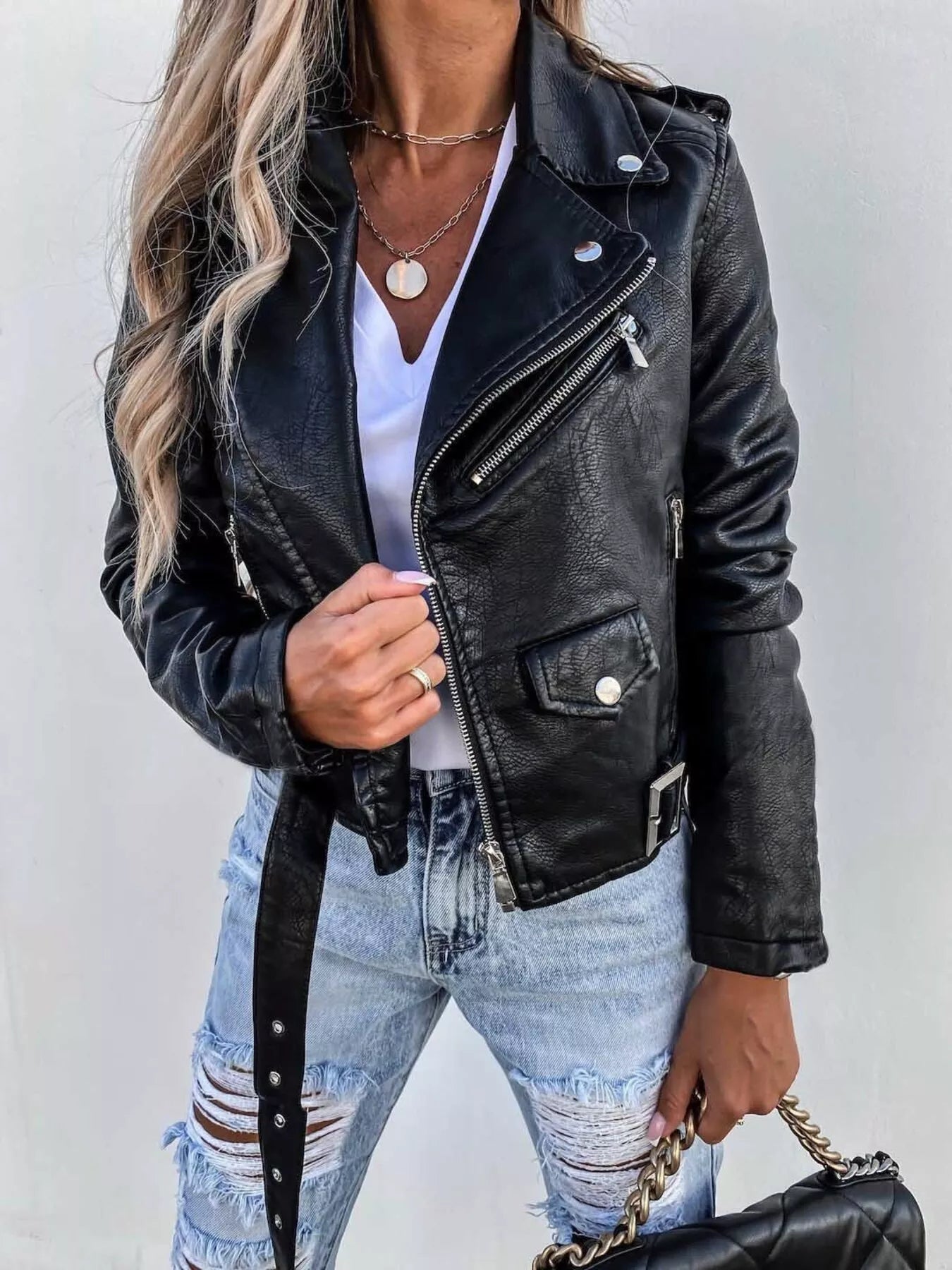 Full Size Zip Up Leather Motorcycle Biker Jacket Plus Size - Tigbul's Variety Fashion Shop