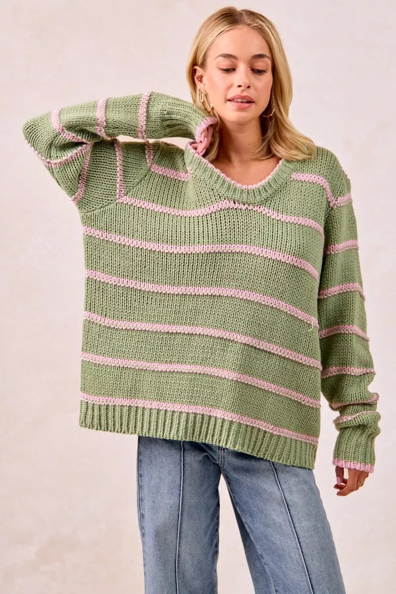 BiBi Striped Long Sleeve Sweater - Tigbul's Variety Fashion Shop