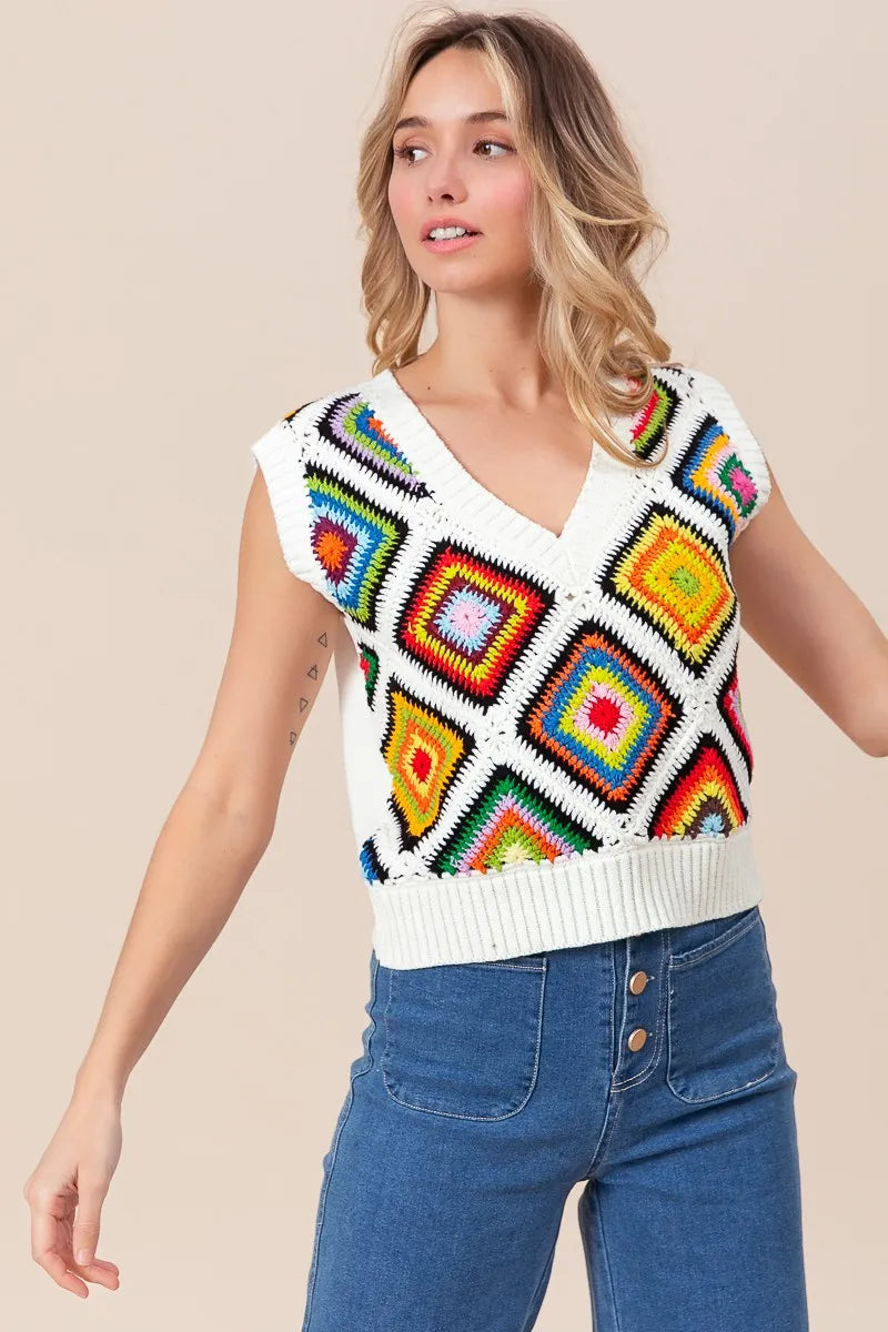 BiBi Diamond Granny Square Sweater Vest - Tigbul's Variety Fashion Shop
