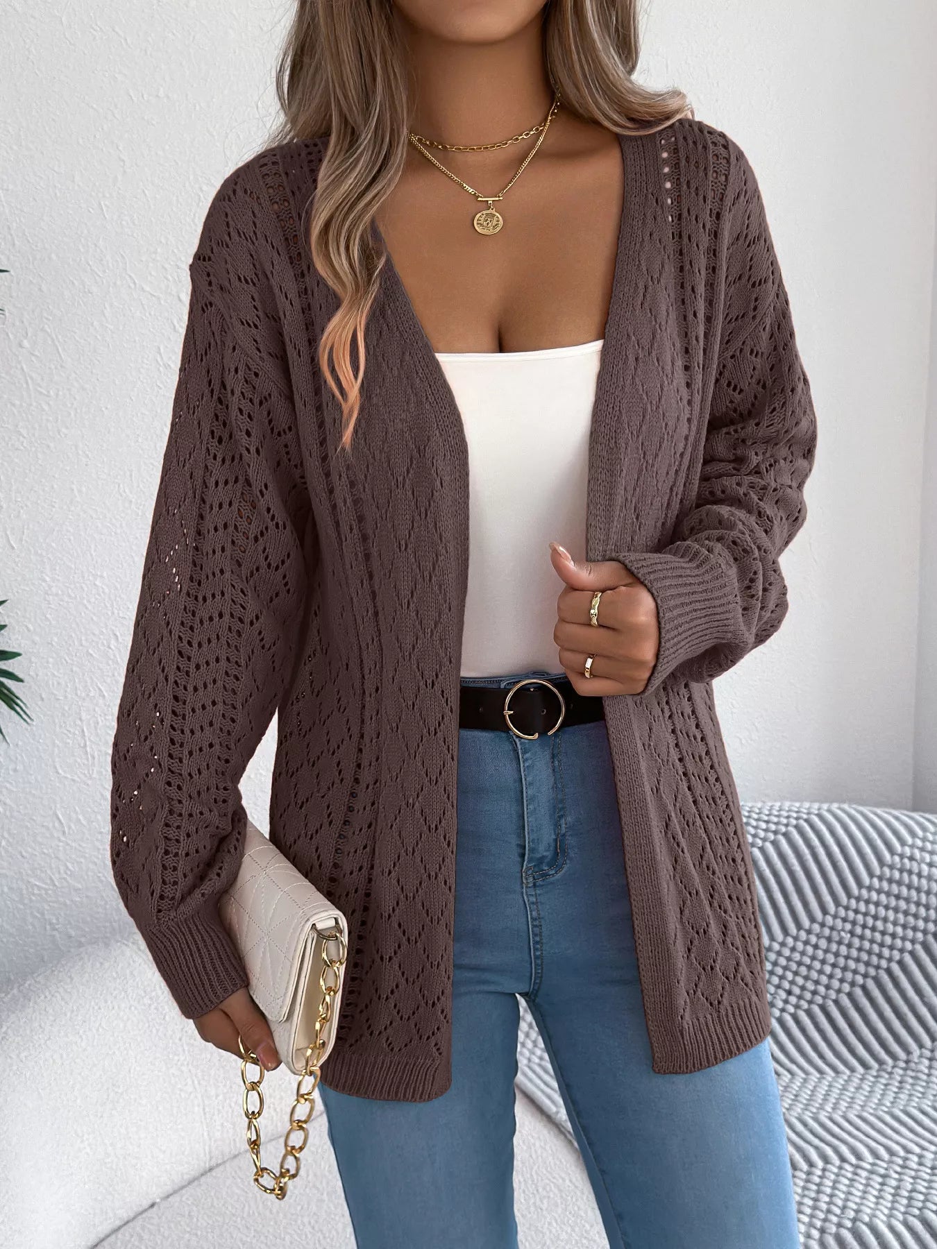 Openwork Open-Front Long Sleeve Cardigan - Tigbul's Variety Fashion Shop