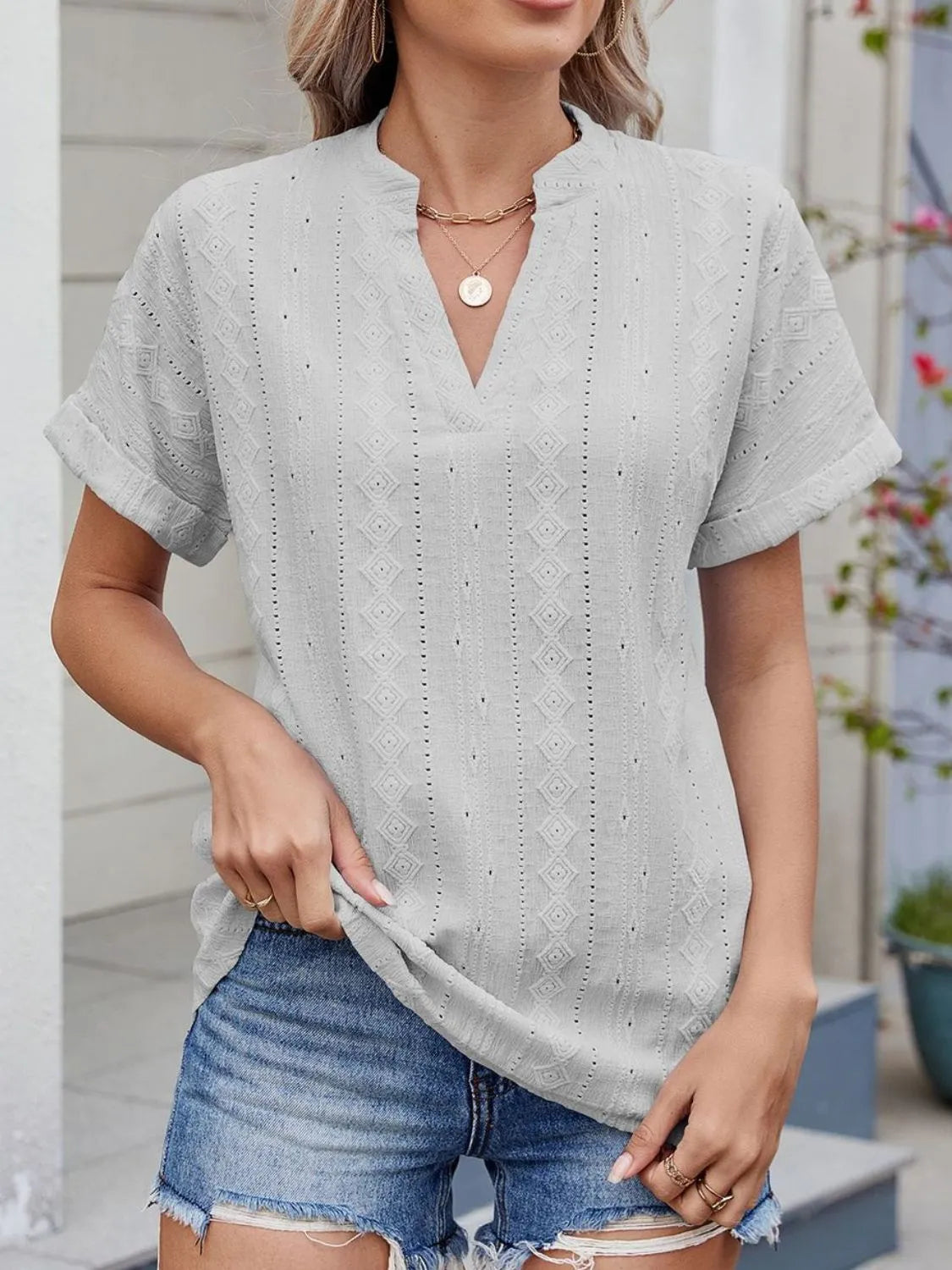 Eyelet Notched Short Sleeve Top - Tigbul's Variety Fashion Shop