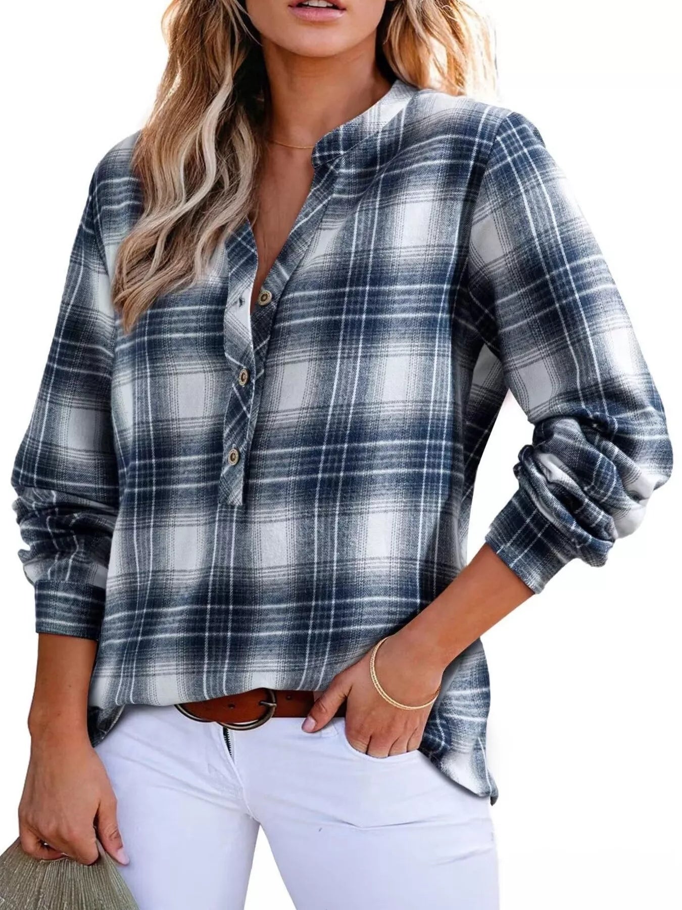 Plaid Half Button Long Sleeve Blouse - Tigbul's Variety Fashion Shop