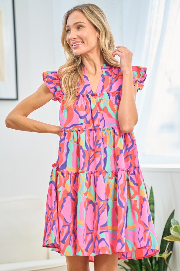 First Love Full Size Printed Ruffle Cap Sleeve Tiered Dress - Tigbul's Variety Fashion Shop