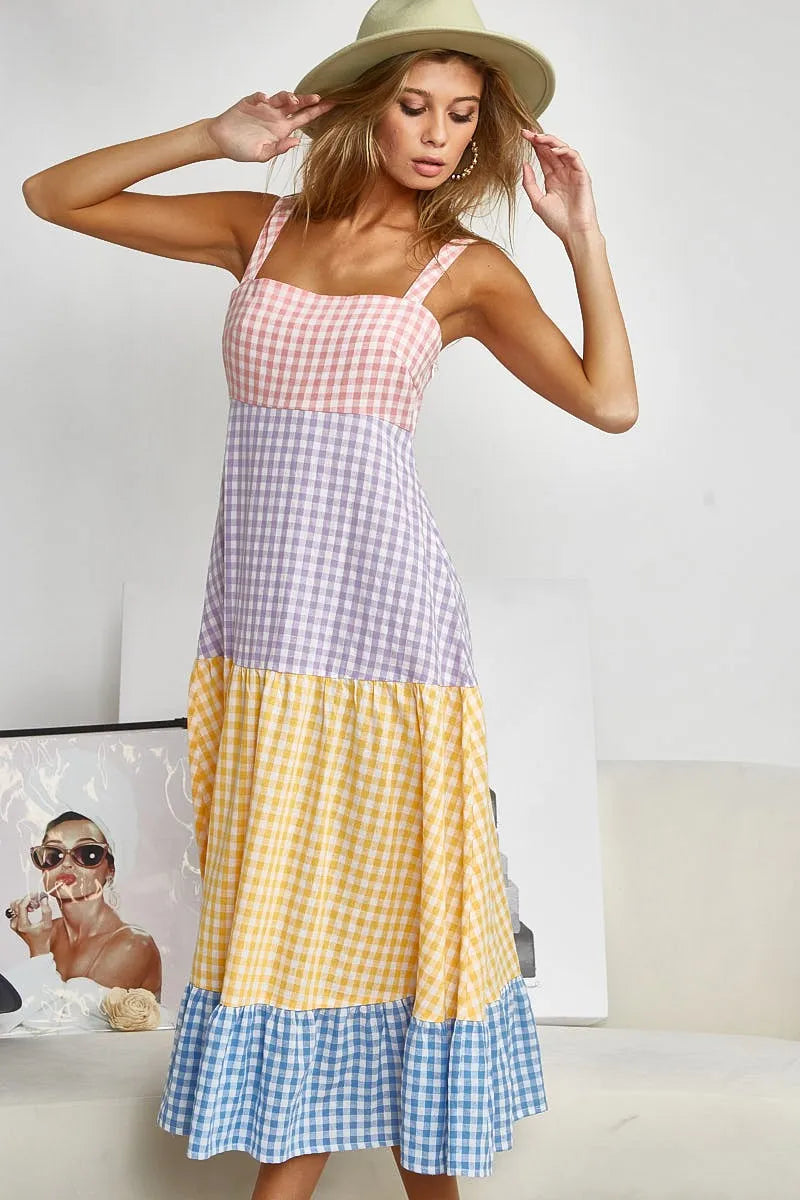 Color Block Tiered Gingham Dress - Tigbul's Variety Fashion Shop