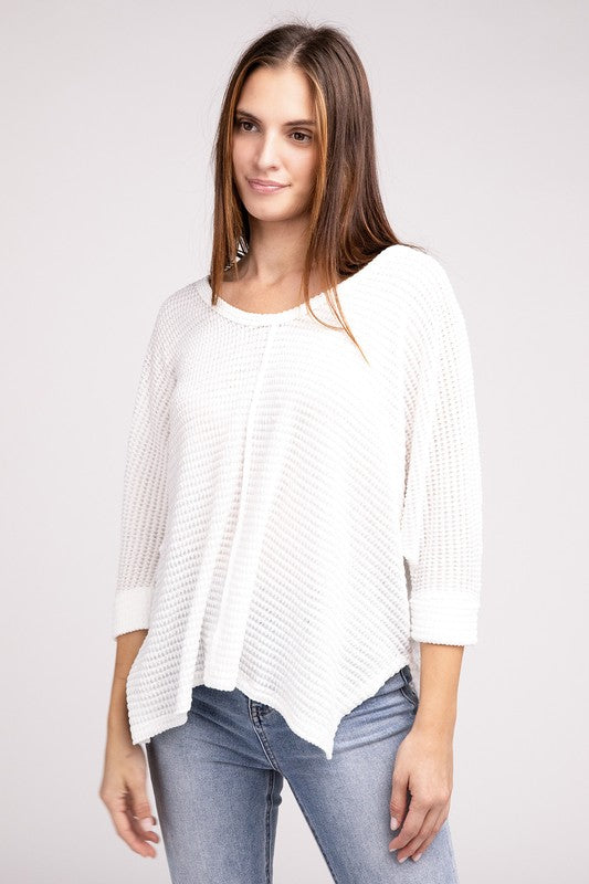 3/4 Sleeve V-Neck Hi-Low Hem Jacquard Sweater - Tigbul's Variety Fashion Shop