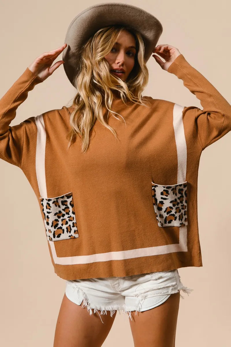 BiBi Mock Neck Sweater with Leopard Pocket - Tigbul's Variety Fashion Shop