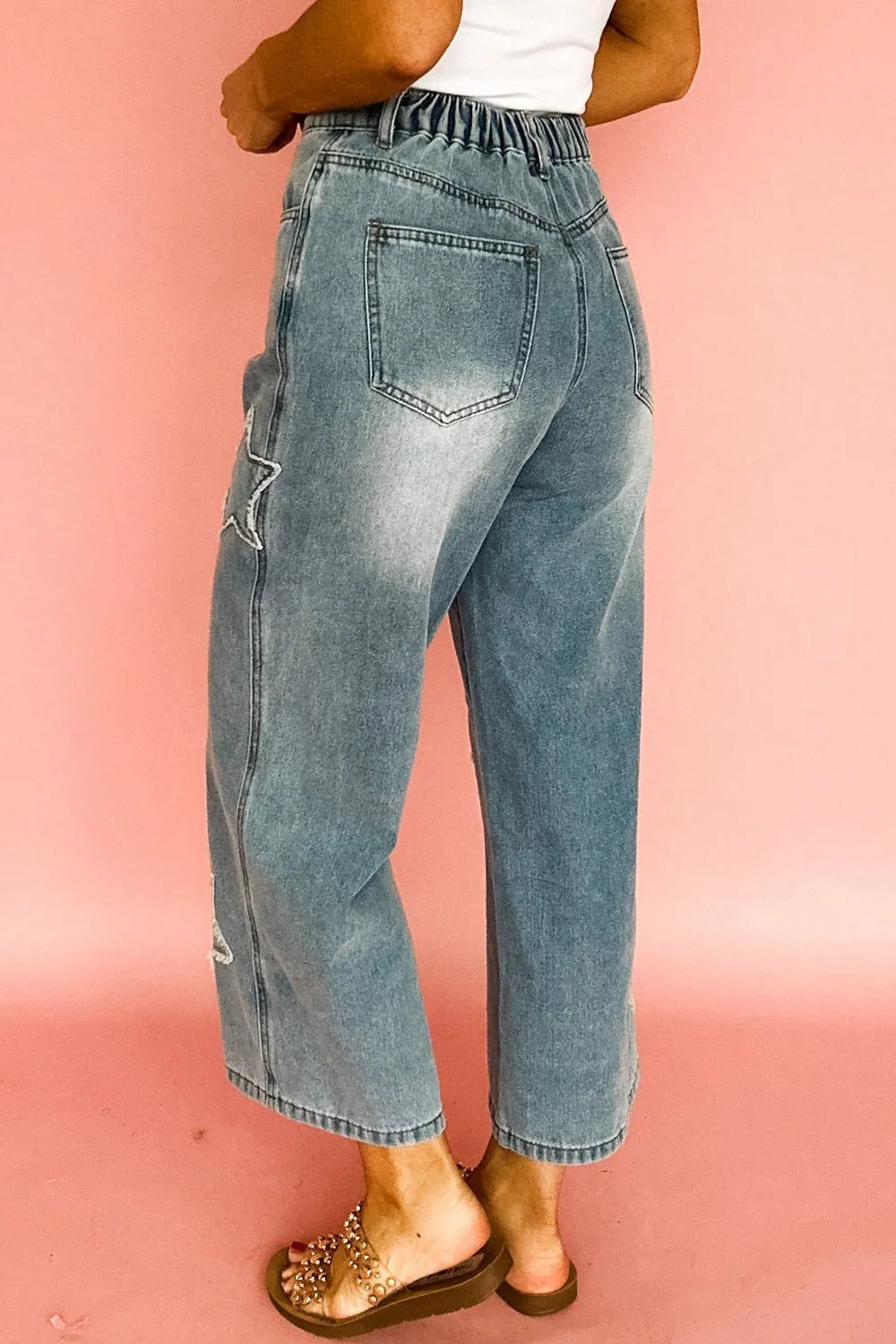Star Embroidered High Waist Wide Leg Jeans - Tigbul's Variety Fashion Shop