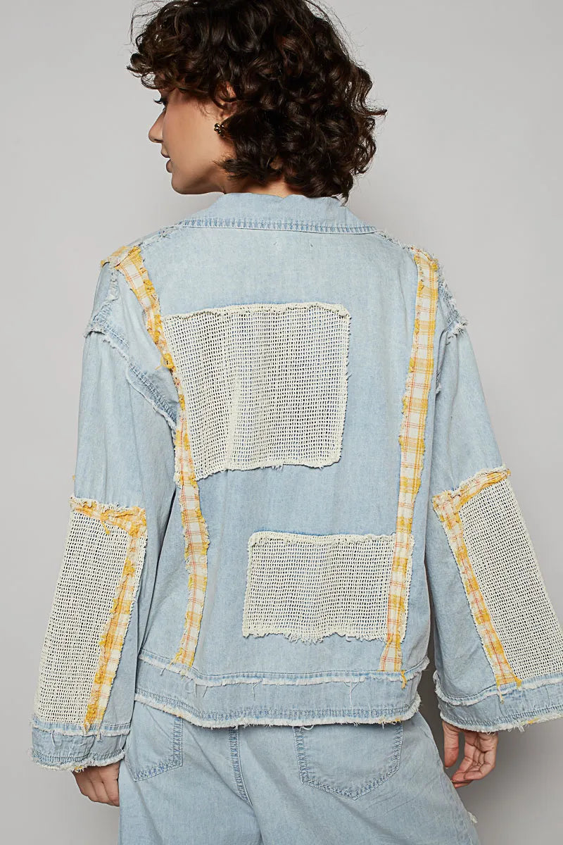 POL Raw Hem Zip Up Denim Jacket with Plaid and Crochet Patch - Tigbul's Variety Fashion Shop