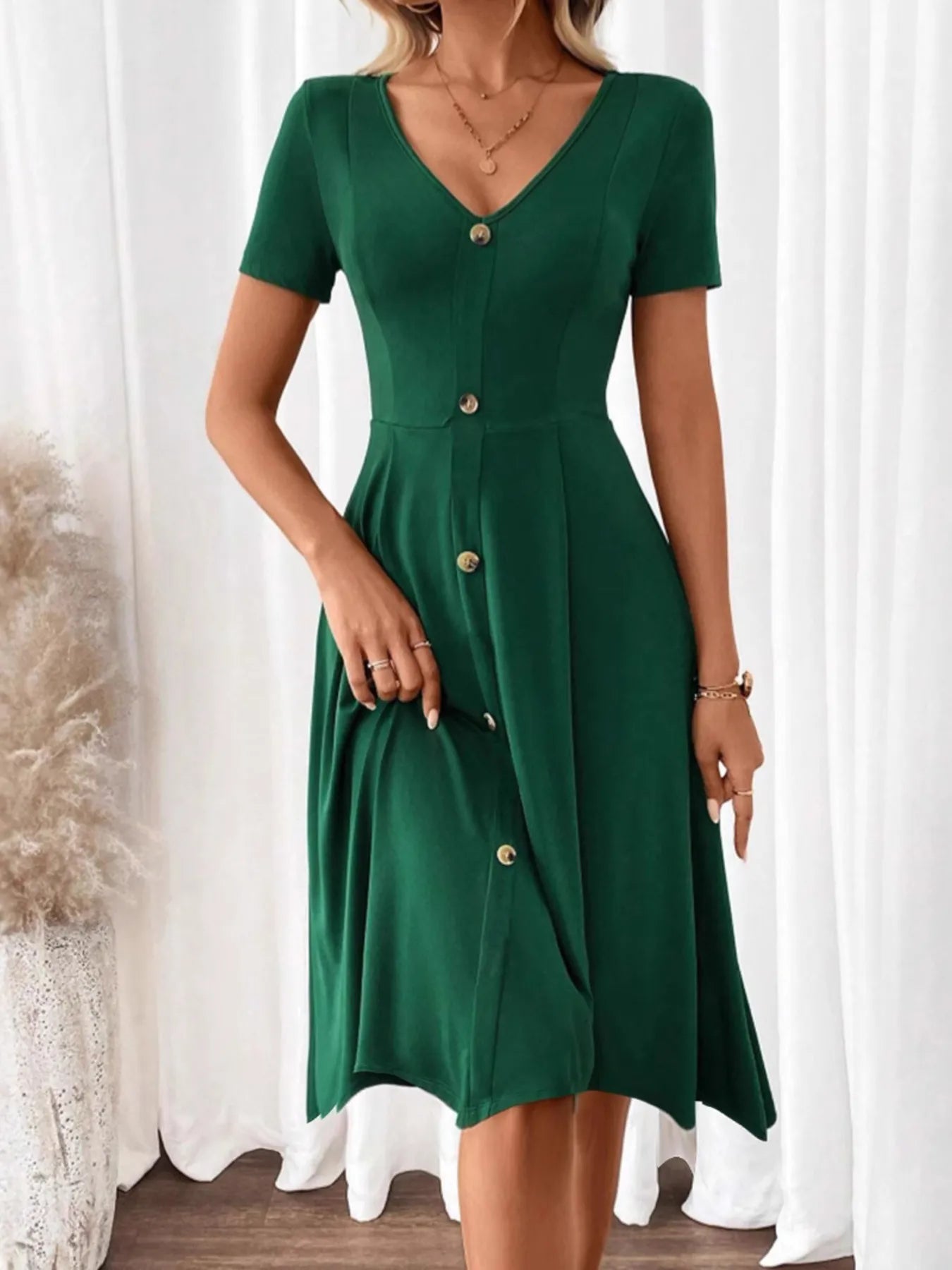 V-Neck Short Sleeve Dress - Tigbul's Variety Fashion Shop