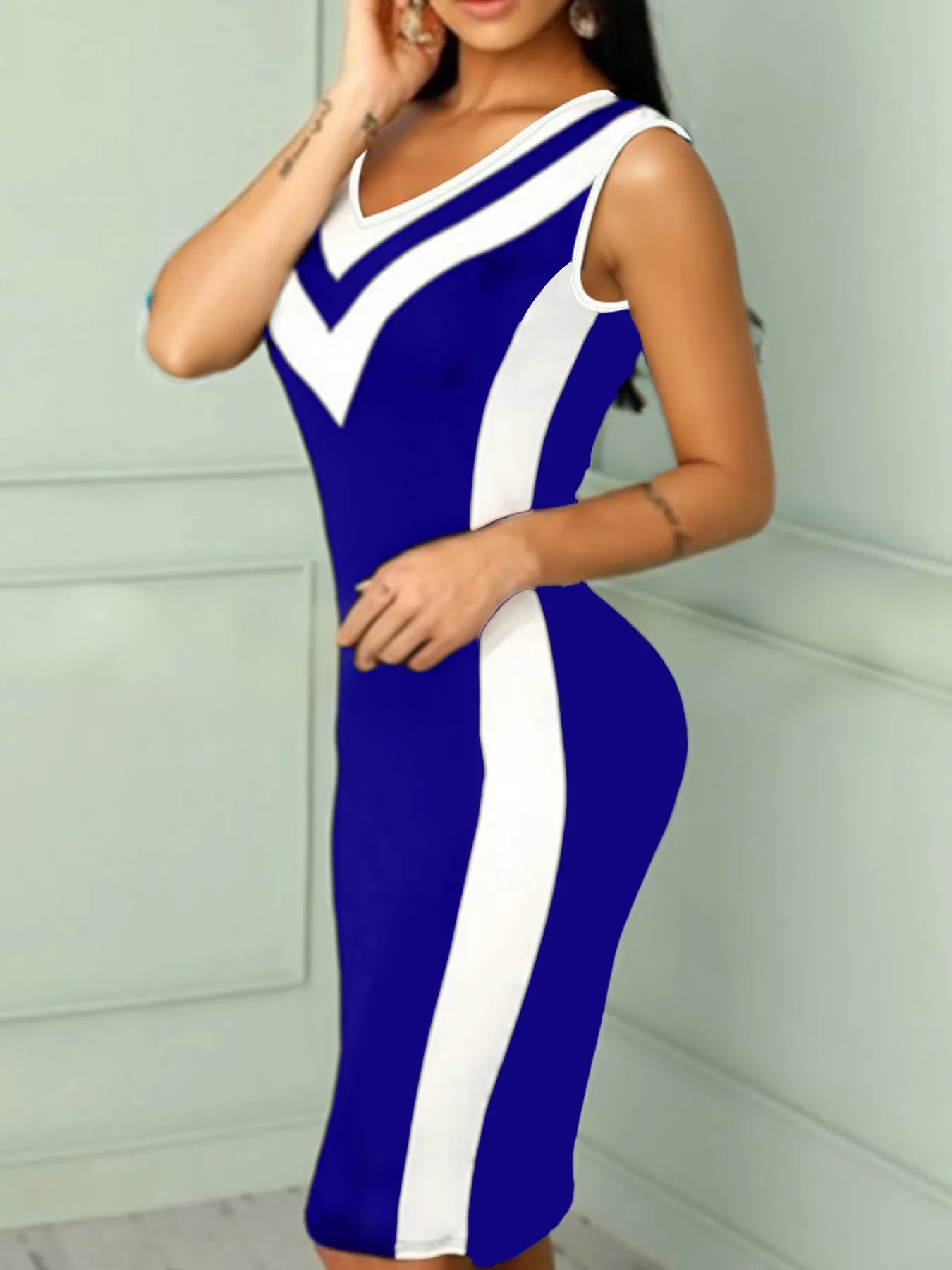 V-Neck Colorblock Sleeveless Bodycon Dress - Tigbul's Variety Fashion Shop