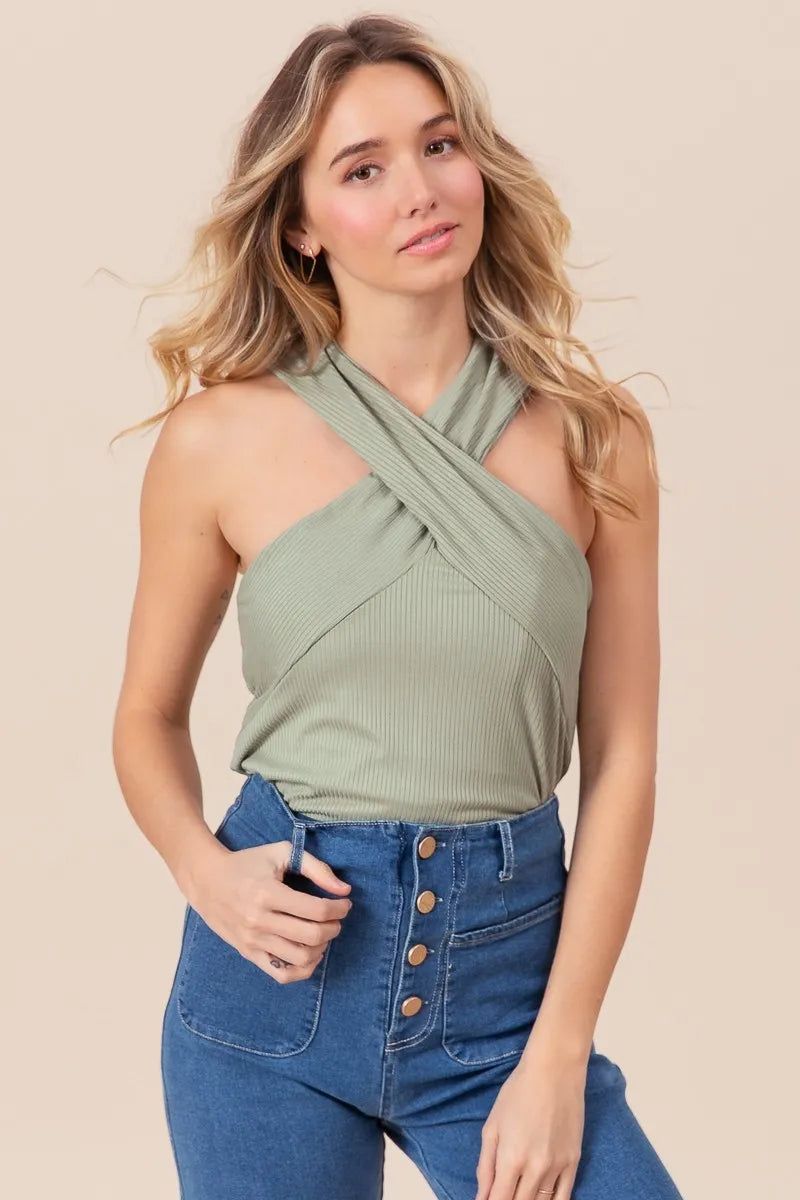 Rib Knit Cross Neck Banded Green Top - Tigbul's Variety Fashion Shop