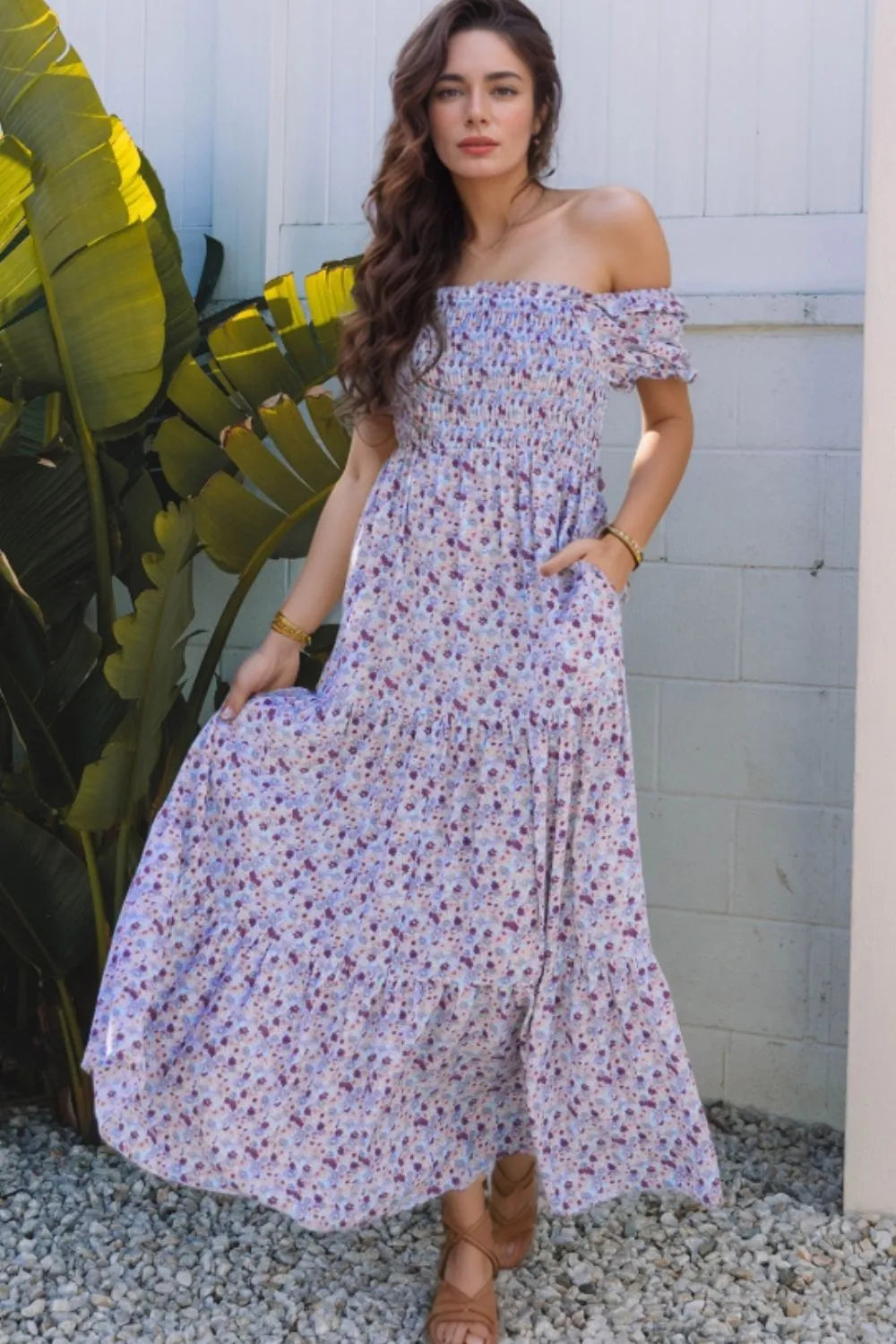 Lavender Tiered Floral Shirred High Waist Maxi Dress - Tigbul's Variety Fashion Shop