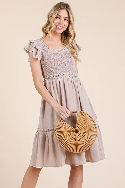 Taupe Color Ruffle Trim Smocked Dress - Tigbul's Variety Fashion Shop