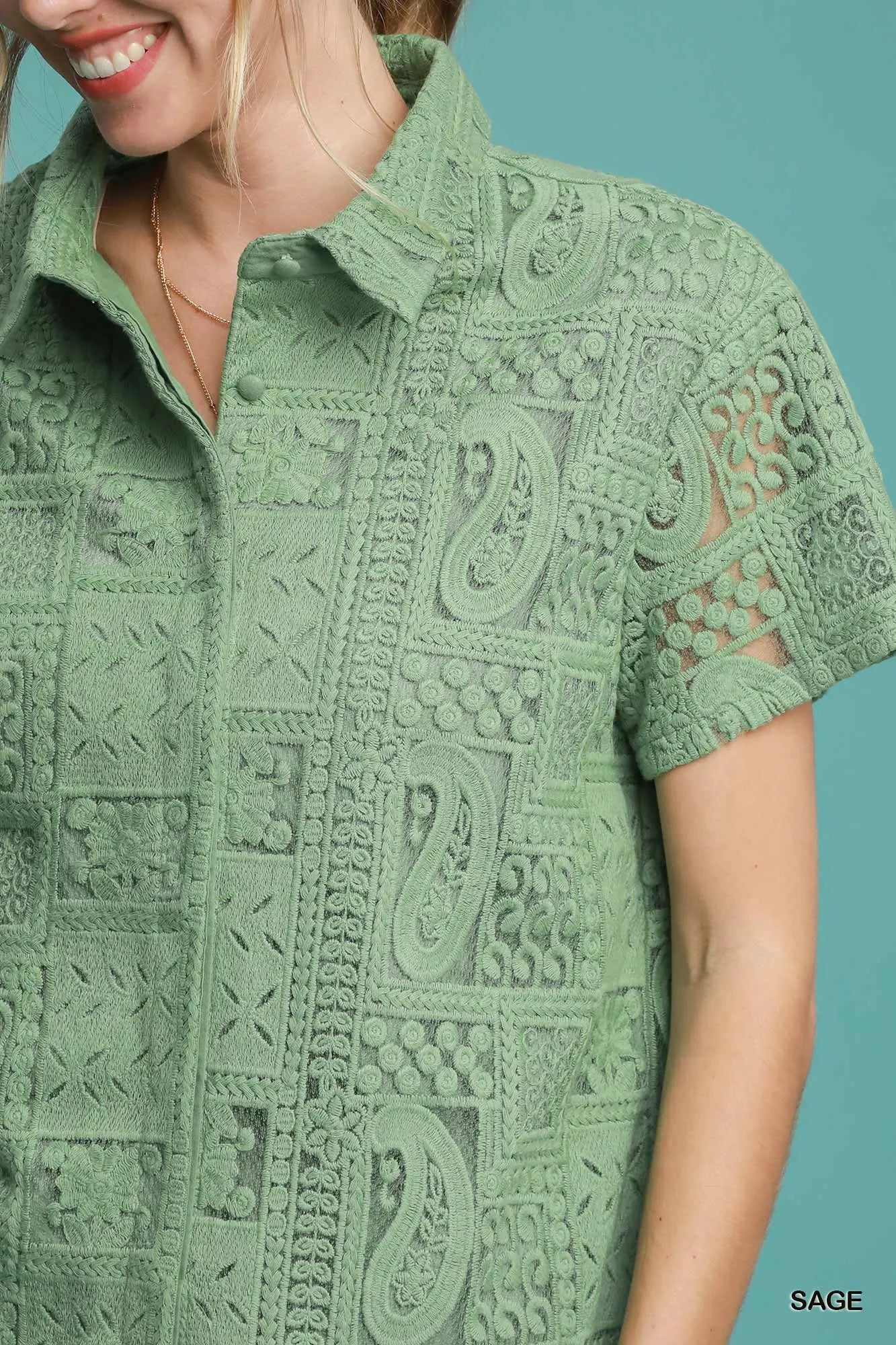 Umgee Patch Lace Short Sleeve Button Down Shirt - Tigbul's Variety Fashion Shop