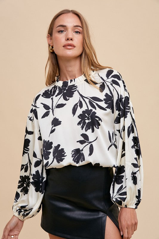 White Frill Printed Balloon Sleeve Blouse - Tigbul's Variety Fashion Shop