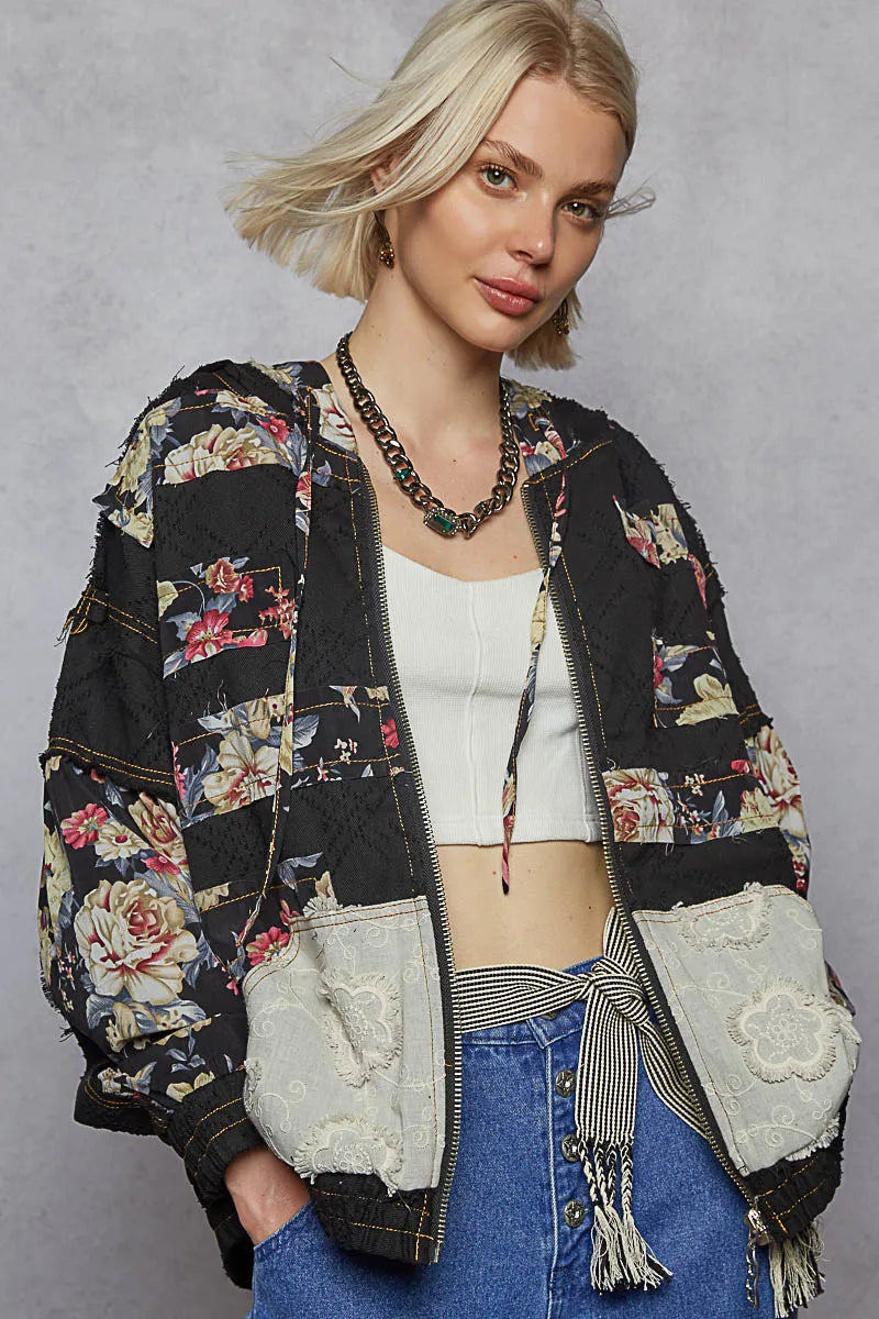 POL Zip Up Floral and Lace Patch Washed Jacket - Tigbul's Variety Fashion Shop