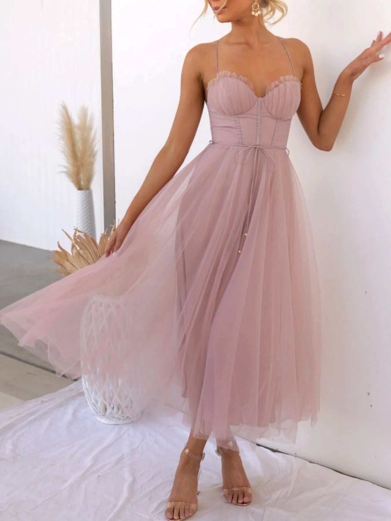 Sweetheart Neck Tulle Midi Dress - Tigbul's Variety Fashion Shop
